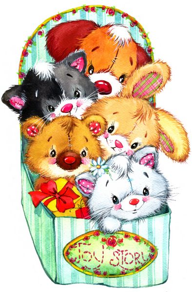 خرس عروسکی بچه گربه توله سگ و خرگوش خنده دار پس زمینه کودک برای تبریک تعطیلات تصویر آبرنگ