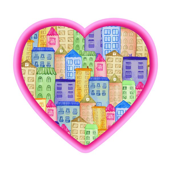 شهر رنگ شاد آبرنگ به شکل قلب عاشق شهر خودت باش برچسب وکتور برای طراحی چاپ
