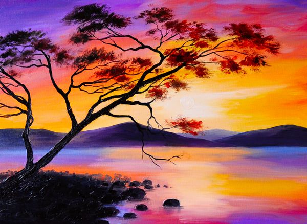 غروب رنگارنگ روی دریاچه نقاشی رنگ روغن آبرنگ هنری