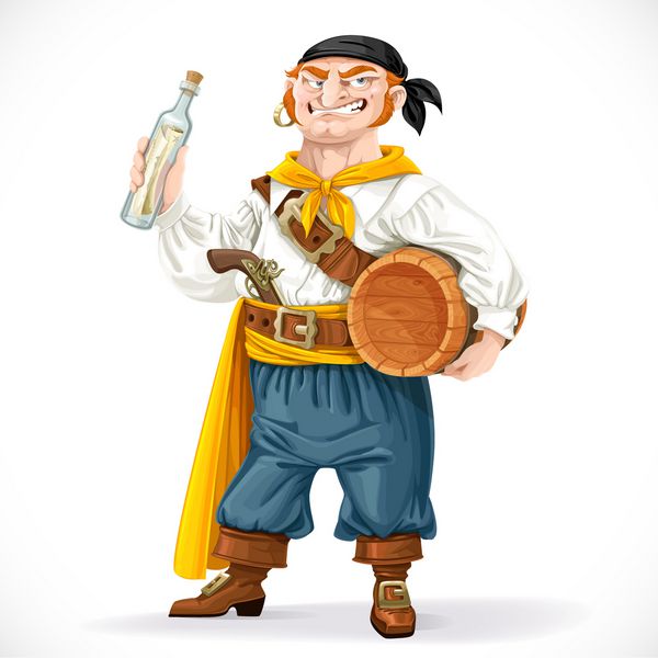 دزد دریایی زیبا با یک rel of و یک بطری با یک حرف جدا شده در پس زمینه سفید