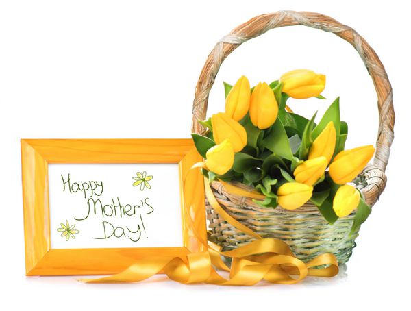 کارت تبریک روز مادر - سبدی از گل های بهاری لاله دسته گل لاله زرد عید پاک فصل بهار هدیه تعطیلات زیبا جدا شده در پس زمینه سفید
