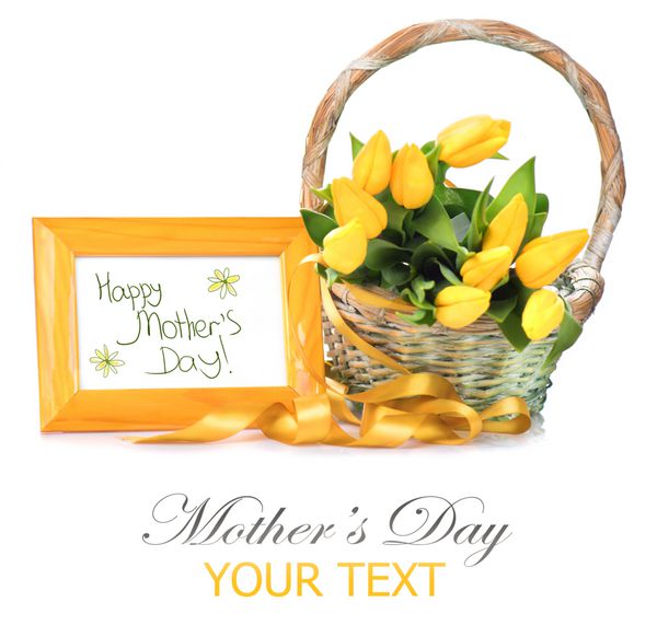کارت تبریک روز مادر - سبدی از گل های بهاری لاله دسته گل لاله زرد عید پاک فصل بهار هدیه تعطیلات زیبا جدا شده در پس زمینه سفید