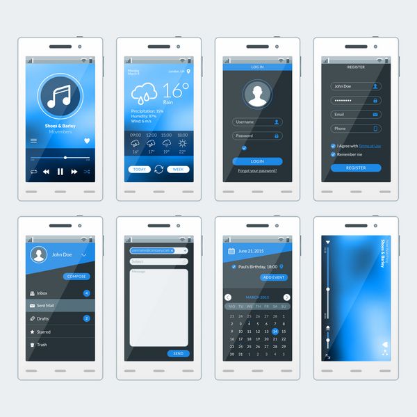 مجموعه ای از تصاویر وکتور از تلفن هوشمند مدرن با برنامه ها قالب طراحی مسطح برای اپلیکیشن های موبایل