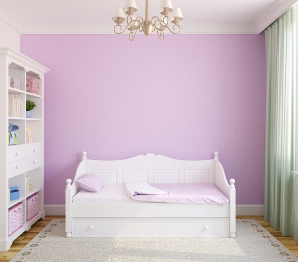 فضای داخلی اتاق کودک نوپا با مبلمان سفید و دیوار بنفش نمای جلویی رندر سه بعدی