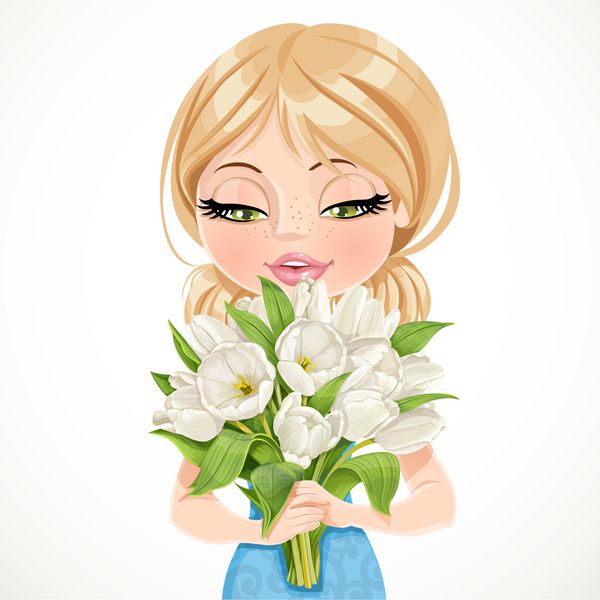 دختر بامزه ای که دسته گل زیبای لاله های سفید را در پس زمینه سفید در دست دارد