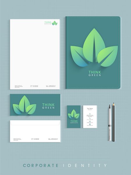 کیت هویت سازمانی اکولوژیکی در ترکیب سبز و سفید شامل سربرگ پوشه پرونده پاکت نامه و کارت ویزیت می باشد
