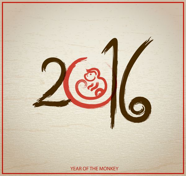 سال میمون به سبک شرقی کتیبه 2016 به سبک شرقی روی کاغذ بافت دار و نماد قلم مو خشک نقاشی شده توسط میمون
