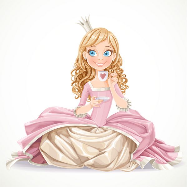 شاهزاده خانم زیبا با لباس صورتی روی زمین نشسته و یک فنجان چای در دست دارد