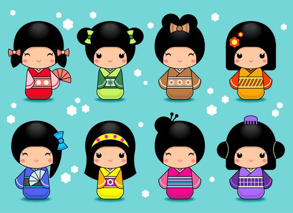 مجموعه ای از عروسک های ژاپنی کوکشی