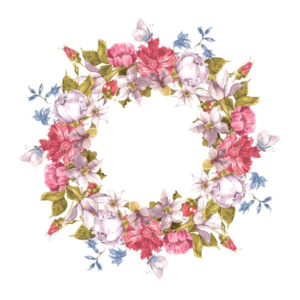 کارت دعوت با تاج گل گل رز نرگس میخک پروانه و گل‌های وحشی تصویر وکتور آبرنگ تبریک قدیمی