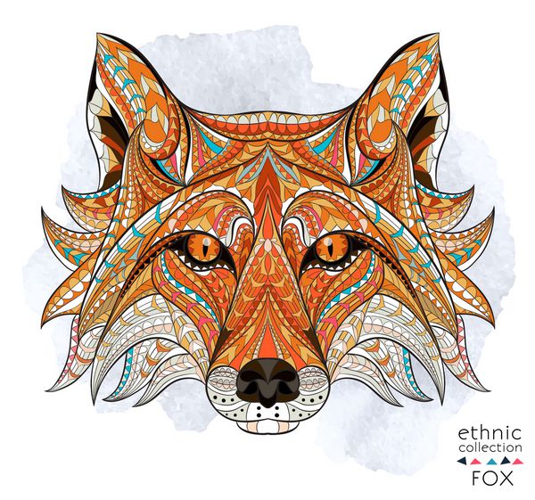 سر طرح دار روباه قرمز روی پس زمینه گرانج طراحی توتم هندی آفریقایی ممکن است برای طراحی تی شرت کیف کارت پستال پوستر و غیره استفاده شود