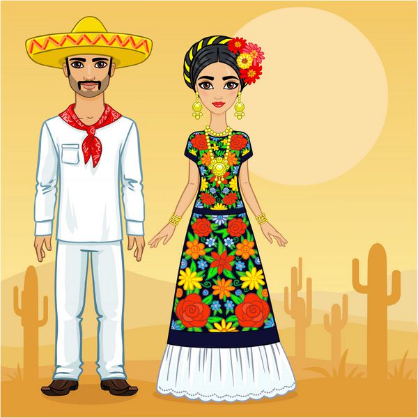 خانواده مکزیکی با لباس های قدیمی پس زمینه صحرا با کاکتوس