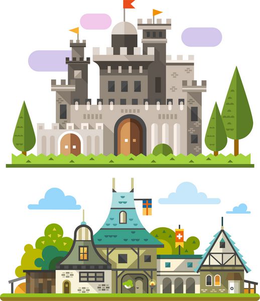 قلعه سنگی قرون وسطایی و مناظر خانه های چوبی قدیمی جن برای بازی وکتور تصاویر مسطح