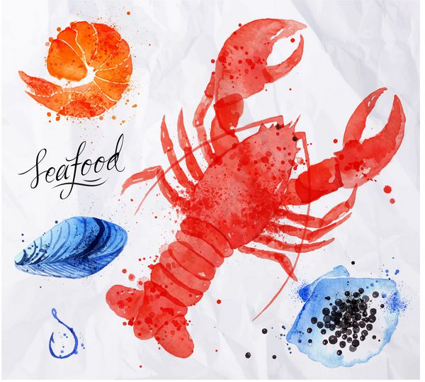 مجموعه غذاهای دریایی نقاشی شده با آبرنگ سرطان خاویار صدف میگو صدف قلاب روی کاغذ چسبیده