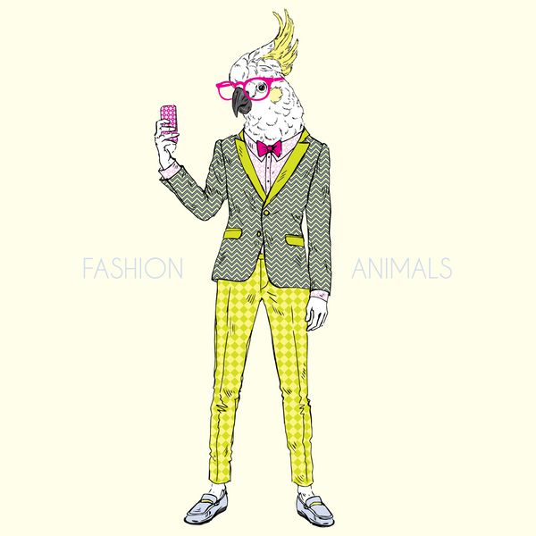 حیوان مد طوطی لباس پوشیده به سبک وینتیج سلفی طراحی شخصیت