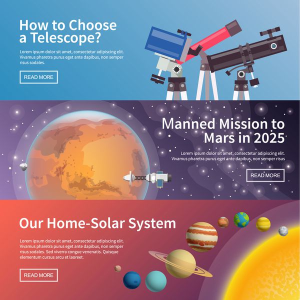 مجموعه بنرهای تخت نجوم وکتور رنگارنگ تصاویر طراحی qity عناصر و مفهوم انتخاب تلسکوپ ماموریت به مریخ منظومه شمسی