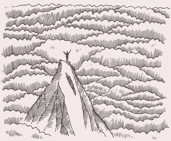 تصاویر وکتور کشیده شده با دست شبح یک کوهنورد موفق روی یک کوه طرح