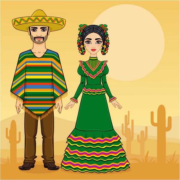 خانواده مکزیکی با لباس سنتی پس زمینه کویر با کاکتوس