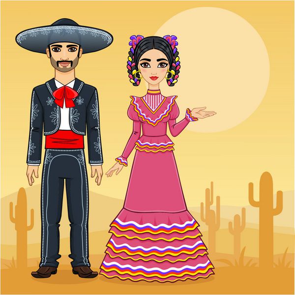 خانواده مکزیکی در لباس های سنتی جشن پس زمینه صحرا با کاکتوس
