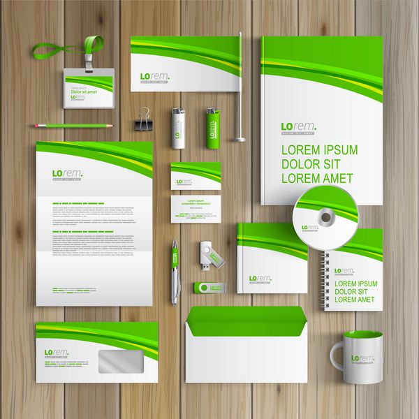 طراحی قالب هویت شرکتی کلاسیک سفید با موج سبز لوازم التحریر تجاری