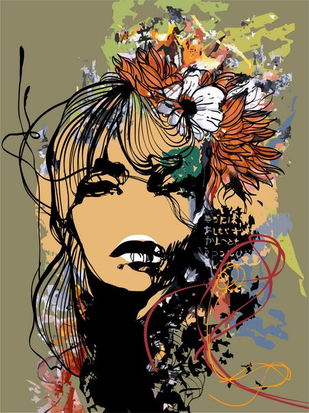 چاپ انتزاعی با f زنانه عناصر نقاشی شده و گل