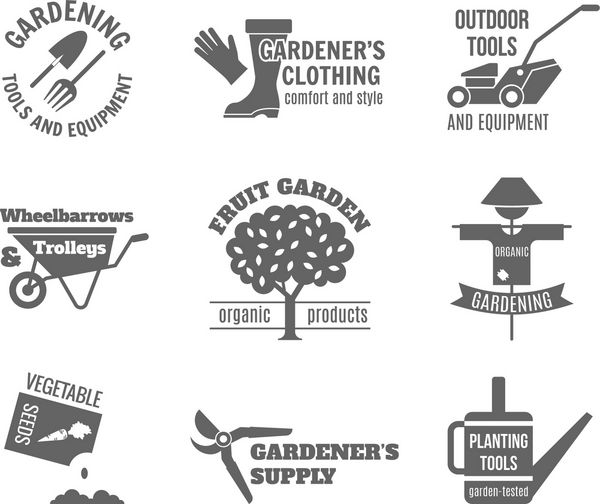 مجموعه برچسب مشکی باغ با تجهیزات ابزار لباس وکتور جدا شده از دانه های میوه و سبزیجات
