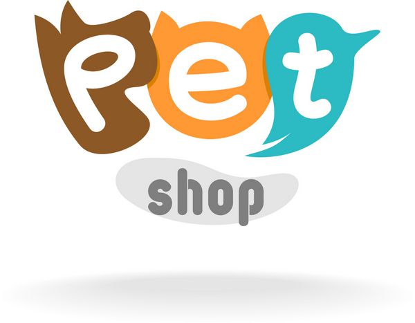 قالب لوگو پت شاپ سر سگ قهوه ای گربه قرمز و طوطی آبی سبز تابلوی فروشگاه حیوانات خانگی یا فروشگاه