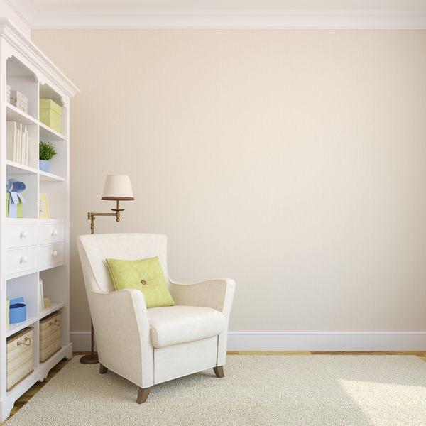 فضای داخلی مدرن با قفسه کتاب و صندلی راحتی در نزدیکی دیوار خالی بژ رندر سه بعدی