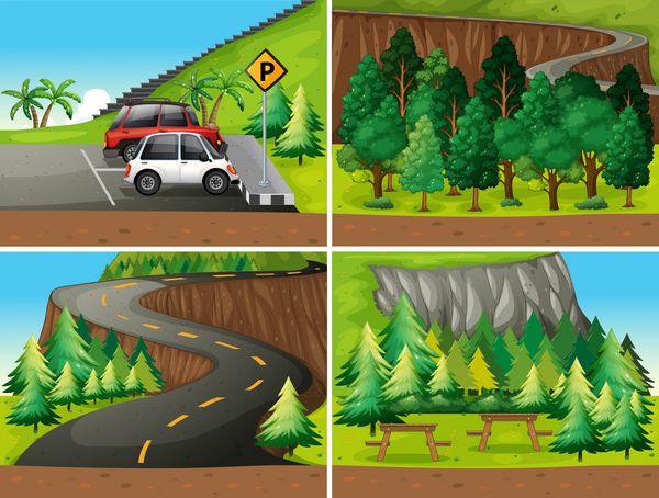 تصویری از چهار صحنه مختلف از پارک ها و سفر جاده ای