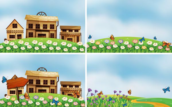 تصویرسازی چهار صحنه از خانه و طبیعت