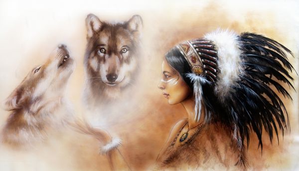 زن جوان هندی با روسری پر زرق و برق با گرگ ها