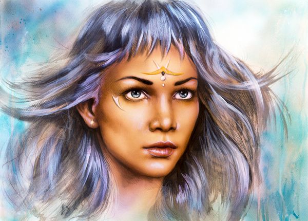 پرتره نقاشی با قلم مو زیبا از یک زن جوان دلربا جنگجو با موهای نقره ای سفید آرایش تصویر پس زمینه رنگی انتزاعی زینتی هنرمند