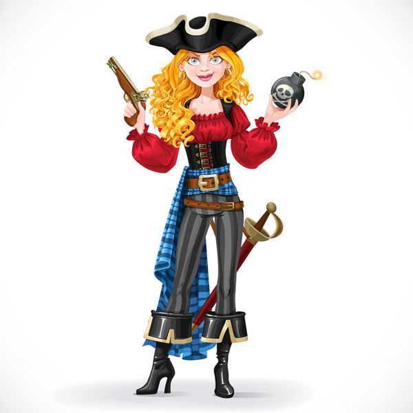 دختر دزد دریایی با موهای قرمز شجاع که بمبی با فیوز روشن جدا شده روی پس زمینه سفید در دست دارد