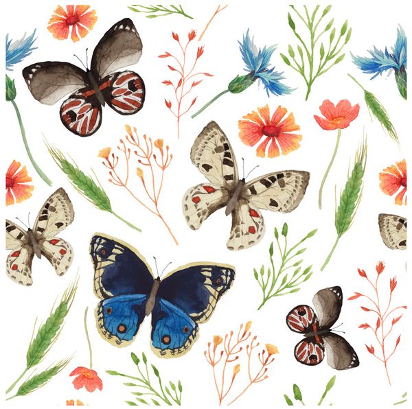 الگوی طبیعی آبرنگ با گیاهان مزرعه و پروانه بافت بدون درز با عناصر گل و گیاه سنبلچه پروانه های مختلف وکتور پس زمینه طراحی شده با دست