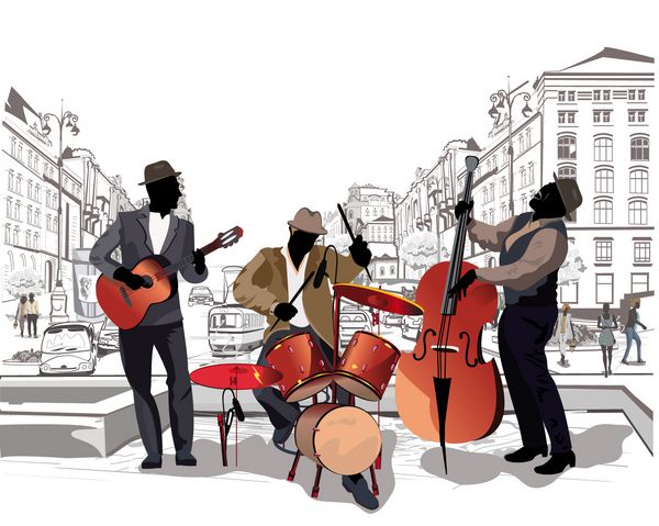 مجموعه ای از خیابان ها با مردم و نوازندگان در شهر قدیمی