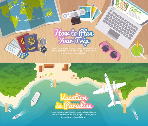 مجموعه بنر تخت وکتور رنگارنگ سفر برای تجارت شما وب سایت ها و غیره تصاویر طراحی عناصر و مفهوم برنامه سفر تعطیلات در بهشت نمای بالا