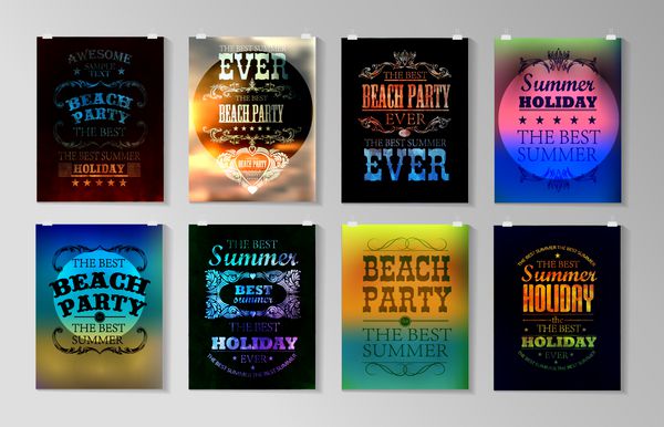 پوستر چاپی طراحی رترو عناصر برای تعطیلات تابستانی با پس زمینه رنگارنگ طرح ها و زیورآلات خوشنویسی
