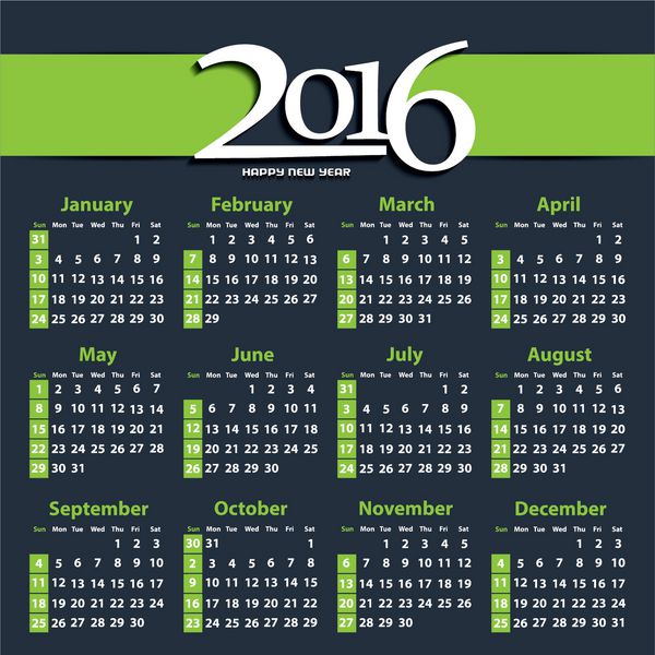 تقویم 2016 طراحی تقویم 2016 تقویم عمودی 2016 - هفته با یکشنبه شروع می شود