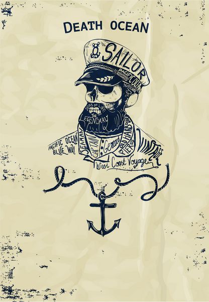 نشان جمجمه نیروی دریایی قدیمی کاپیتان سهام ارواح وکتور از یک اسکلت در حالی که یک ژاکت بادبانی چرمی و کلاه کاپیتان به تن دارد سیگار می کشد جمجمه با ریش و کلاه کاپیتان