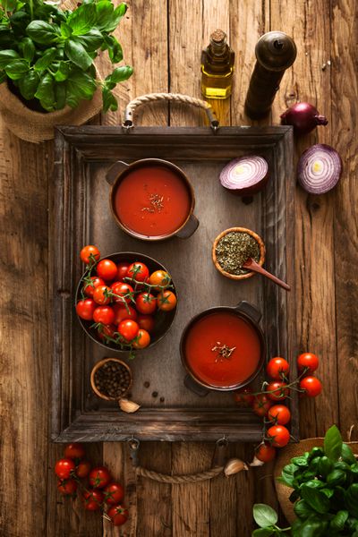 سوپ گوجه سوپ گوجه فرنگی خانگی با گوجه فرنگی سبزی و ادویه جات ترشی جات غذای راحتی