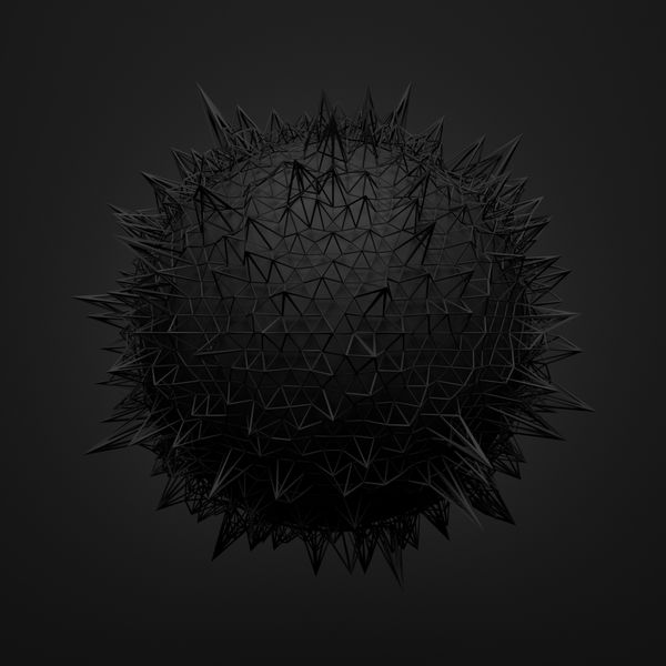 رندر سه بعدی انتزاعی از کره سیاه با ساختار آشفته پس زمینه تیره با قاب سیمی و کره در فضای خالی شکل آینده نگر