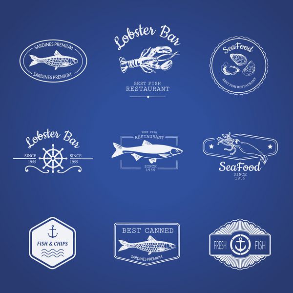 مجموعه لوگو برای رستوران ماهی یا با تصویر ماهی آبی روی پس زمینه آبی آواز می خواند