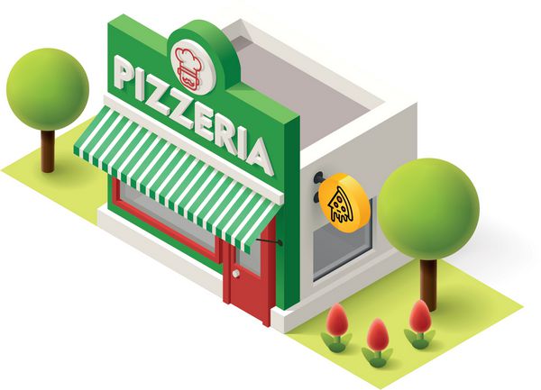 وکتور آیکون ساختمان پیتزا فروشی ایزومتریک