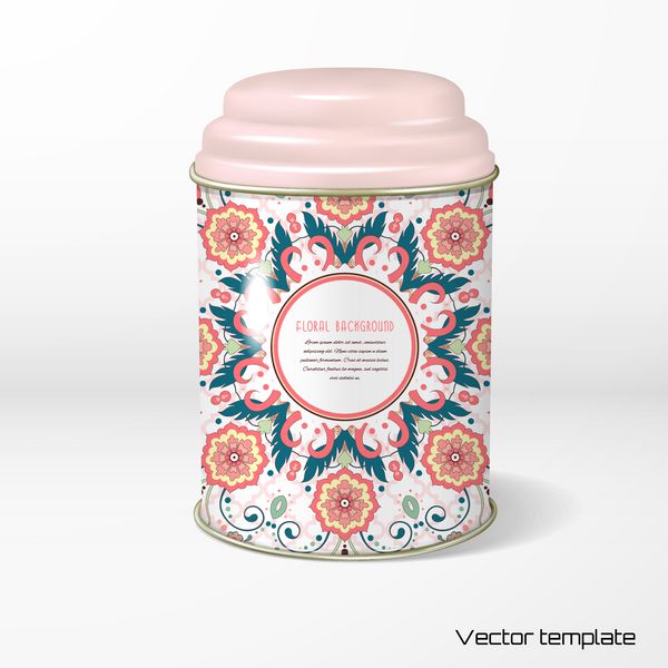 جسم وکتور بسته بندی حلبی گرد با روکش شکل دار چای قهوه محصولات خشک الگوی گل شش ضلعی زیبا به سبک مدرن زیور کاشی مراکشی