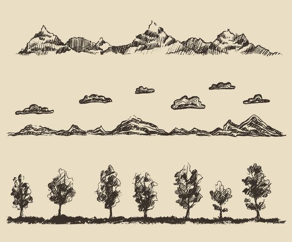 طلوع خورشید در کوه خطوط کوه با ابرها جنگل عناصر طراحی تصاویر وکتور حکاکی طراحی با دست طرح