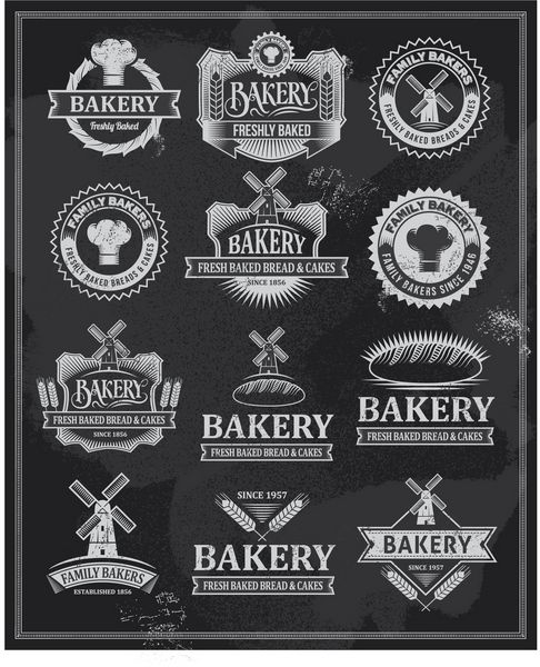 مجموعه ای از برچسب ها و روبان های شیرینی پزی قدیمی طراحی تایپوگرافی گچ روی تخته سیاه طرح های لوگو تخته سیاه