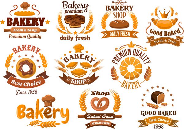 طرح های نشان مغازه نانوایی که انواع مختلف محصولات نانوایی تازه و خوشه های گندم تزئین شده شیرینی ستاره توک تاج و بنرهای روبانی را با سربرگ های مختلف نشان می دهد