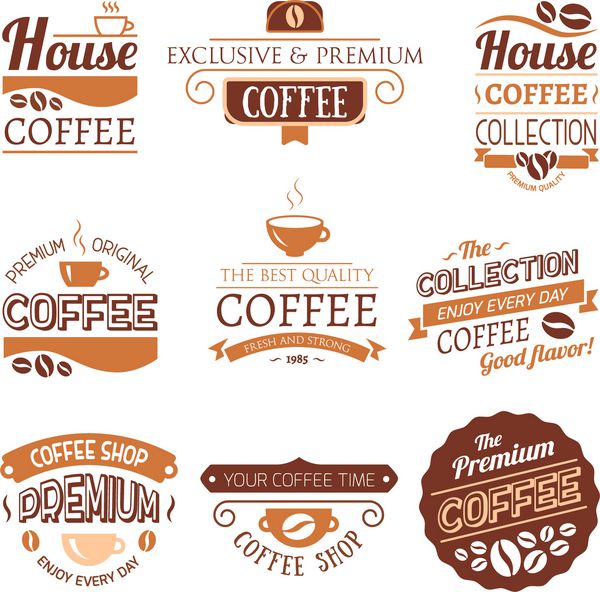 مجموعه ای از عناصر وکتور قهوه قالب لوگو نماد شرکت ویزاسیون برند مفهوم قهوه اکو زیستی ارگانیک طبیعی