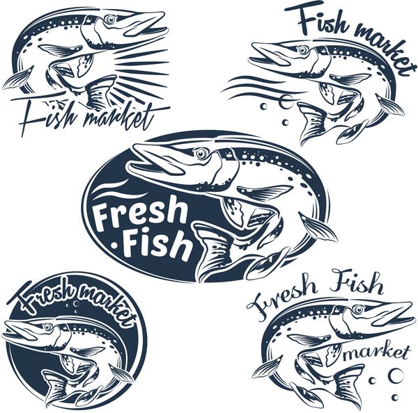 مجموعه ای از لوگوها برچسب ها و نشان های بازار ماهی تازه برای طراحی شما ساخته شده است