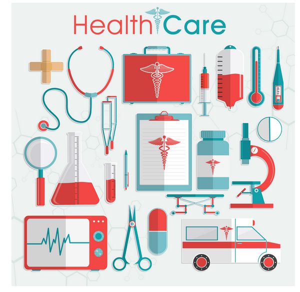 مجموعه ای از عناصر مراقبت های بهداشتی از جمله ابزار پزشکی داروها و آمبولانس در زمینه خاکستری